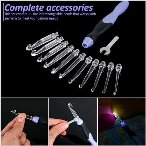 Image of Light Up Crochet Hook Set, 11 Sizes Lighted Crochet Hooks with Case, Rechargeable Crochet Hook 2.5 mm to 8 mm, DIY Crochet Hooks Set for Crocheting and Knitting, Interchangeable Heads Hooks