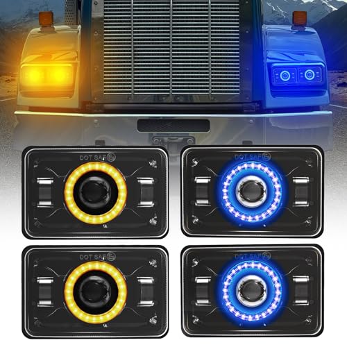 Image of 4x6 LED Headlights [Dot Approved] with Halo Blue DRL Amber Turn Signal Light [High Low Sealed Beam] Compatible for Peterbilt 379 Kenworth T800 T600 Freightinger Ford Probe Ol-dsmobile Trucks