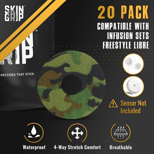 Image of Skin Grip Universal Adhesive Patches for CGM and Insulin Pumps with Cutout (20-Pack), 0.8-Inch Hole, Waterproof & Sweatproof for 10-14 Days, Glucose Monitor Patch, Diabetic Sensor Cover, Camo