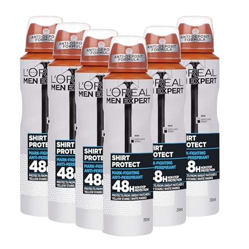 LOréal Paris Men Expert Shirt Protect 48H Anti-Perspirant Spray Tackles Sweat Stains Yellow & White Marks Fresh Clean Scent High Performance 6 x 250ml