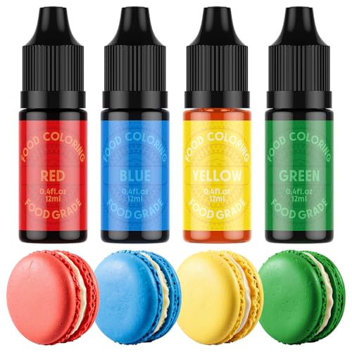 Image of Food Coloring for Cake Decorating, Cherrysea Red Yellow Green Blue Basic Edible Dye 4x12ml Food Grade Liquid Food Color for Baking Easter Egg, Icing, Fondant, Cooking, Slime Making DIY Supplies Kit - 0.4 Fl. Oz /Bottles