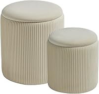Blexa Round Storage Ottoman Set of 2 - Velvet Upholstered Vanity Stool, Footrest, Coffee Table for Bedroom & Living Room (White)
