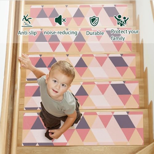 Tapetes de seguridad para escalones de madera con diseño de mosaico triangular rosa 5