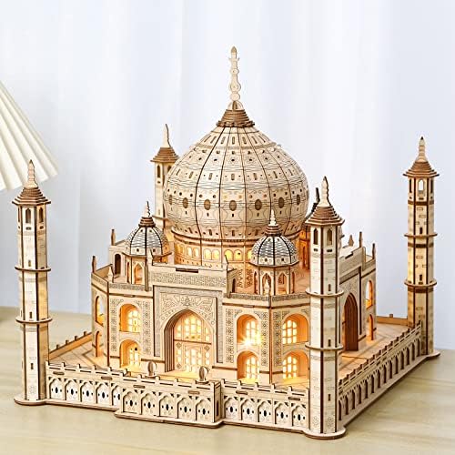 UGUTER 3D Wooden Puzzle Architecture Building Taj Mahal Model Craft STEM Kit LED Light DIY Home Decoration Valentine's Day Birthday Gift for Adults & Kids (Taj Mahal)