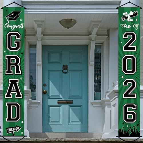 Image of Graduation Banner 2026 Graduation Decorations Green and Black Grad Banner Porch Sign Class of 2026 Door Decor Congrats Hanging Backdrop Green Grad Party Decor for School Congratulations Supplies