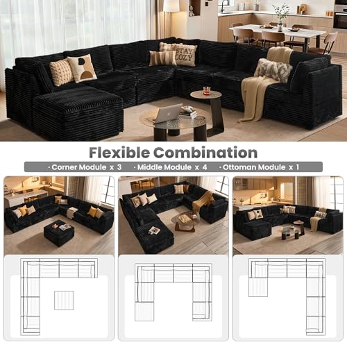 Image of ovios Modular Sectional Sofa Couch with V-Shape Chaise Ottoman, Comfy Plush Corduroy Cloud Couches, Modern Luxury Deep Seat Sofas Set for Living Room, 8-Seater, Black