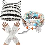 Therian Gear Y2K Kleidung, Grunge-Kleidung, Emo Beanie, Fingerlose Handschuhe, fünf Fairycore-Armbänder, Weiss/opulenter Garten, Einheitsgröße