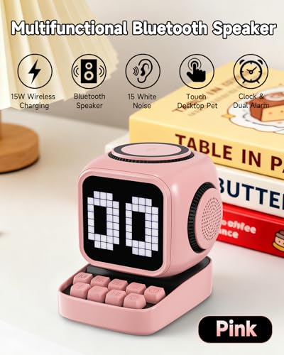 Image of Retro Robot 5-in-1 Bluetooth Speaker: 15W Wireless Charger, Pixel LED Screen, 10W Stereo Sound & 15 White Noise, Alarm Clock, Cute Portable Wireless Speaker for Bedroom Desk Office, Birthday Gifts