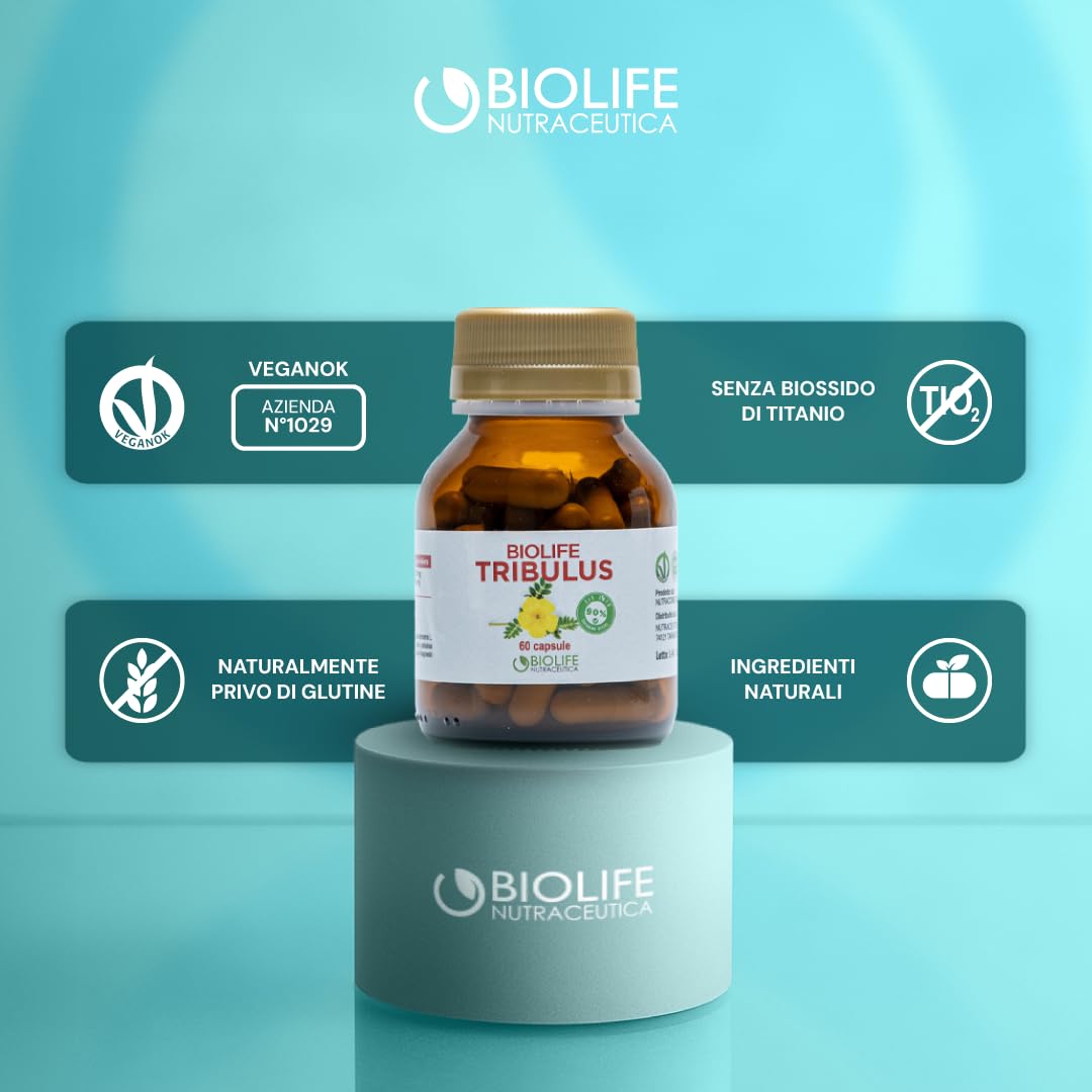 BIOLIFE Tribulus Terrestris | 60 capsule da 655 mg | Titolato 90% SAPONINE ATTIVE | Prodotto VEGANOK, tribulus terrestris alto dosaggio, integratore testosterone uomo, integratore naturale