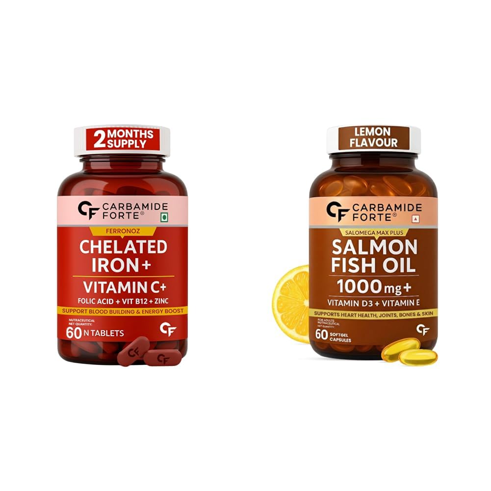 Carbamide Forte Chelated Iron Supplement for Women and Men | Folic Acid Tablets for Pregnancy | Hemoglobin Booster | 60 Veg Tablets for Hair Growth with Iron Bisglycinate & Salmon Omega 3 Fish Oil-image-8