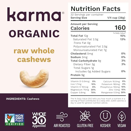 Image of Organic Cashews by Karma Nuts, Vegan, Gluten Free, Low Net Carb, Natural, Everyday Nut Snack, Great For Baking, Resealable Bulk 32oz Bag (Resealable Bulk 32oz Bag, Organic Raw Whole Cashews)