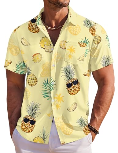 COOFANDY Men's Summer Shirts Casual Hawaiian Shirts Short Sleeve Button Down Shirts, Light Yellow - Pineapple, Large