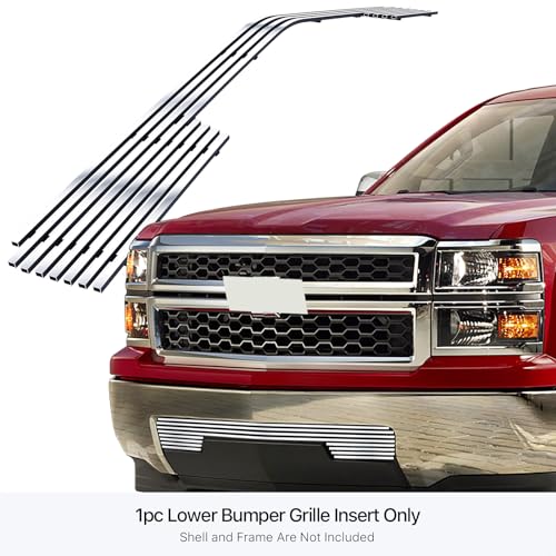 Image of APS Compatible with Chevy Silverado 1500 2014-2015 Lower Bumper 304 Stainless Steel Chrome Polished 8x6 Billet Front Grill Grille Insert C65990C