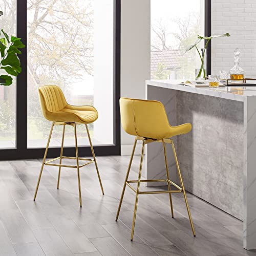 Zouron Swivel Bar Stools Set Of 4 For Kitchen, 29" Counter Height Bar Chairs With Back Tall Barstools Velvet Kitchen Island Stools With Gold-Plated Metal Legs, Golden Yellow #TOP6