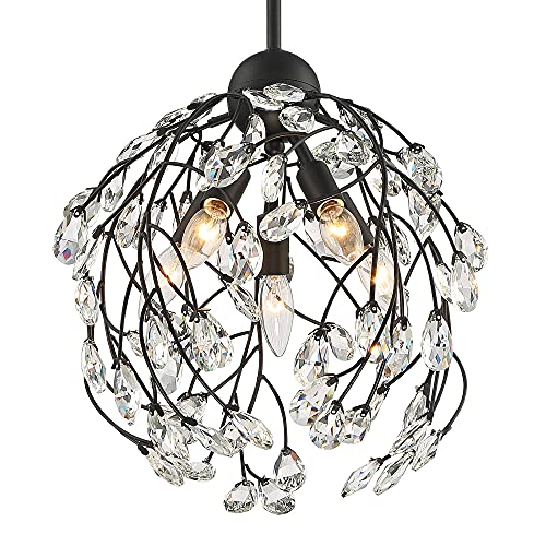 Regency Hill Aurine Matte Black Pendant Chandelier 14" Wide Modern Orb Clear Crystal Glass Leaf 5-Light Fixture For Dining Room Living House Home Foyer Kitchen Island Entryway Bedroom #TOP2