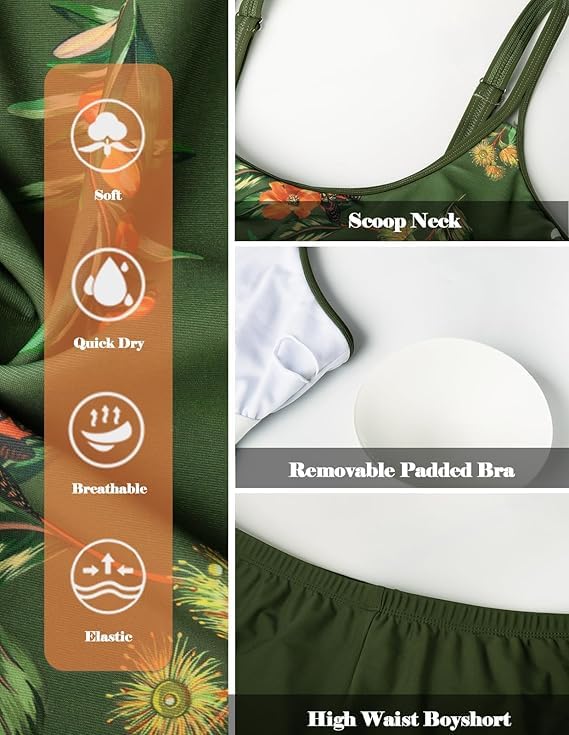 Hanna Nikole Damen Tankini Bauchweg Übergröße Zweiteilig Badeanzüge Elegant Dunkelgrüne Rote Blume 52 4