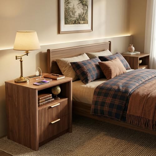Image of LYNCOHOME 19.7 inch Fluted Nightstand with Charging Station, 2 Drawer Bedside Table, Modern Night Stand with Curved Edge Design, Wooden End Table for Bedroom, Rounded Night Stand with Storage, Walnut
