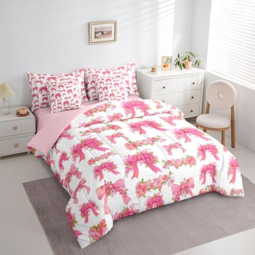 Image of Erosebridal Pink Floral Bowknot Bed in A Bag Twin 7 Piece Girly Bows Ribbons Comforter Set Valentine Flowers Bedding Sets for Kids Girls Bow Tie Princess Sheet Set with Comforter