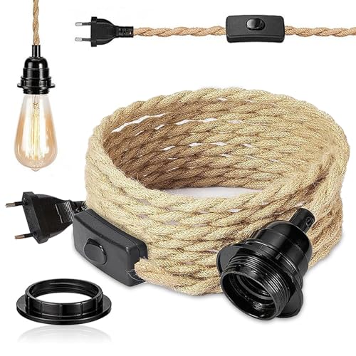 Lustre Corde de Chanvre Câble 4.5m, Douille E27 Interrupteur avec Fil Cable Ampoule, DIY...
