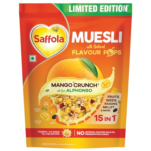 Image of Saffola Muesli Mango Crunch, with Real Alphonso Mango 400g | Limited Edition, with crunchy Flavour Pops | Breakfast Cereal