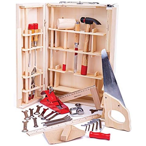 Bigjigs Toys Junior Kids Tool Set - 28pc Junior Tool Kit with Real Hammer, Saws, Spanners, Screwdrivers, Quality Wooden Boys Toys age 8 for DIY Projects Cover