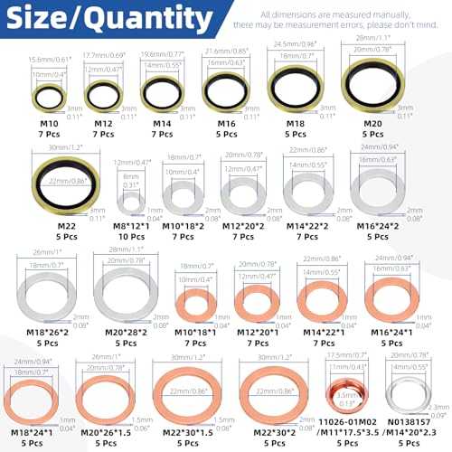 Image of Glarks 143pcs 10 Sizes Automotive Oil Drain Plug Gasket Kit M8 M10 M12 M14 M16 M18 M20 M22 Aluminum Copper Steel Oil Crush Washer Seal Oil Drain Plug Crush Washer