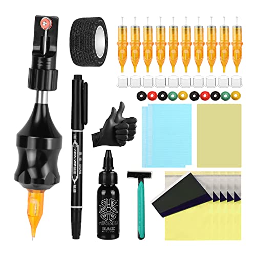 Atomus Tattoo Manual Pen Set Tattoo Cartridge Poke Pen Stick Diy Kit With 10Pcs 3Rl Tattoo Cartridge Needles Transfer Papers Ink Cups Tattoo Practice Skin Tattoo Table Mats #TOP17