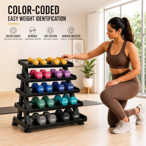 Image of KAKSS Neoprene Dumbbells Set, 3kg (2 x 1.5kg), Gold Hex Dumbbells with Easy-Grip Coated Finish, Cast Iron Hand Weights for Home Gym Equipment and Fitness Training for Women and Men