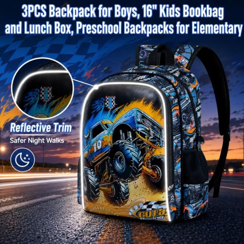 Image of 16 inch Truck Backpack for Boy, 3Pcs Car School Backpacks with Lunch Box, Kids Bookbag for Elementary Preschool Kindergarten(Black)