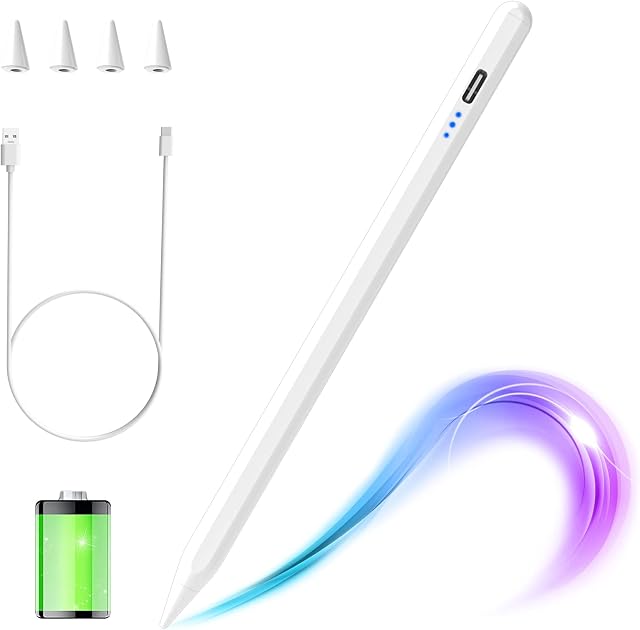 Stylus Pen for iPad 2018-2021 Stylus Pencil for Apple iPad 10/9/8/7th Gen/Mini 6/5th Gen/Pro 11/12.9''/Air 5/4th/3rd Gen iPad Pencil with 4 Replacement Tips with Palm Rejection & Tilt Function(White)
