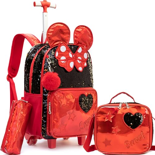 Meetbelify Rolling Backpack for Girls Backpacks with Wheels for Elementary School Students Kids 3 in 1 Travel Luggage Suitcase with Lunch Box Pencil Case for Girls Age 8-10