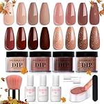 AZUREBEAUTY Dip Powder Nail Kit Starter, Fall 4 Colors Skin Nude Brown Glitter, Acrylic Dipping Powder Liquid Set with Base/Top Coat Activator for Daily French Nail Art Manicure DIY Gift 12 Pcs