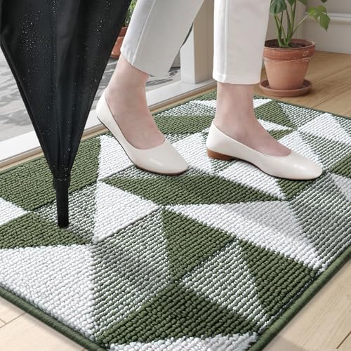 Image of OLANLY Door Mat Indoor Entrance Washable 32x20, Odor-Free Low-Profile Front Back Geometric Doormat, Absorbent Resist Dirt Entry Carpet, Easy to Clean Sturdy Inside Floor Mats for Entryway, Green