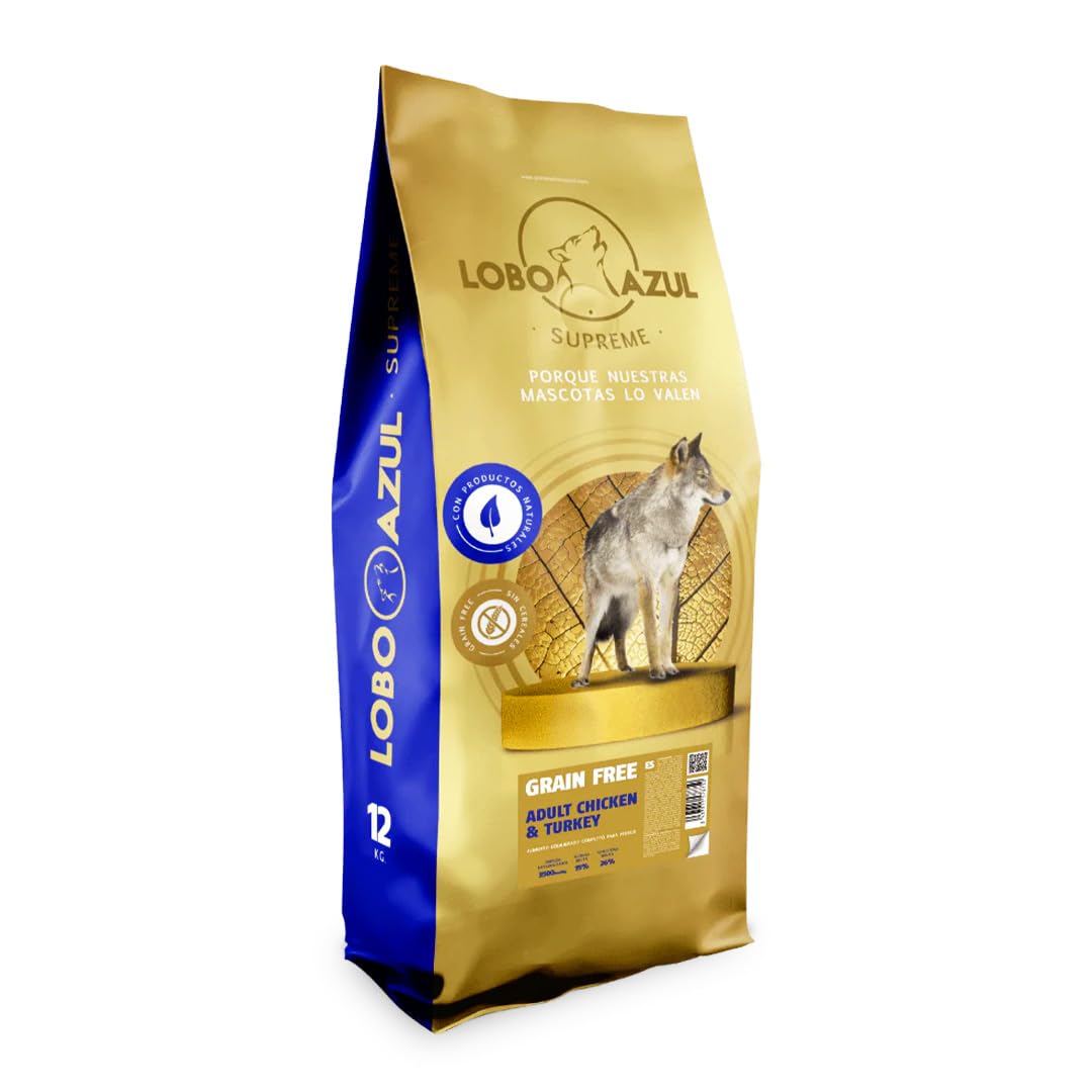 Pienso para Perros sin Cereales de Pollo Fresco y Pavo - Comida Natural e Hipoalergénica para Perros Adultos - Alimento Completo y Digestible - 12kg Lobo Azul Adult Chicken & Turkey