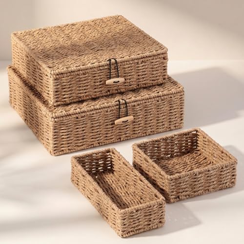 Newtay Set of 4 Woven Wicker Storage Baskets with Lids,