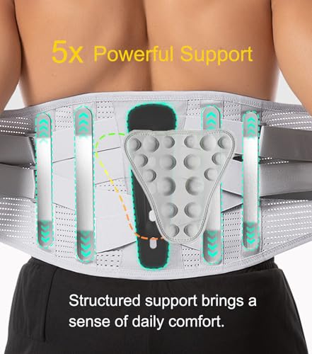 Image of Lower Back Brace with 5 Reinforced Stays for Women & Men,Back Support Belt with 4 Removable and Replaceable Lumbar Support Pad,Pain Relief for Sciatica, Scoliosis,Herniated Disc (Gray, X-Large)