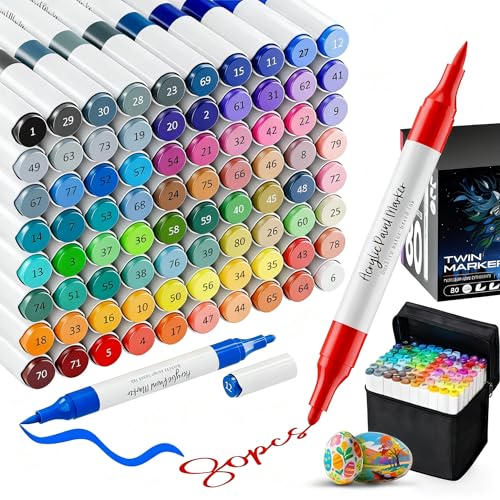 Kitire Acrylstifte 80 Farben, Acrylstifte für Steine Wasserfest, Dual Tip Acrylic Marker mit Doppelspitze für Stein Bemalen, Glas, Papier, Holz, Eier, Leinwand, Keramik, Stoff, DIY-Basteln (Modern)