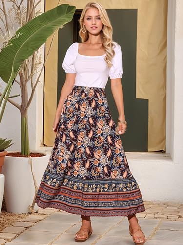 Seta T Women's Bohemian Long Skirts High Waist A Line Maxi Skirts Flowy Vacation Floral Summer Skirt2