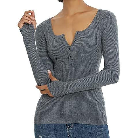 Alcea Rosea Women's Henley Shirt Jumper Ribbed Long Sleeve Button Down Sweater Slim Tights Casual Tops with Thumb Hole(Grey, Medium) Cover