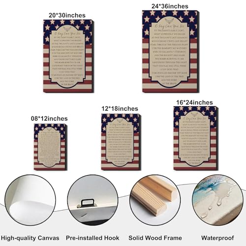 Image of Patriotic O Say Can You See Wall Decor 24x36 In, Star Spangled Banner National Anthem Canvas Art, 4th of July Independence Day Framed Prints for Home & Office, Made in USA