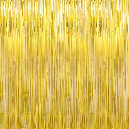 Image of 4 Pack Gold Foil Fringe Curtains Door Streamers Party Decorations 3.3 x 8.2 ft, Gold Tinsel Curtain Fringe Backdrop for Parties, Door Fringe Birthday Streamers, Photo Booth Backdrops, Party Decor