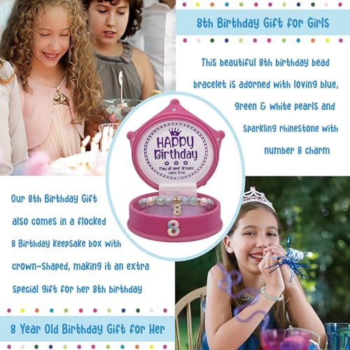 Image of ZomefinKiu Girls 8th Birthday Princess - Blue Charm Bracelet, Crown Shape Keepsake Jewelry Box, 8 Year Old Girl Birthday Outfit for 8th Bday Party
