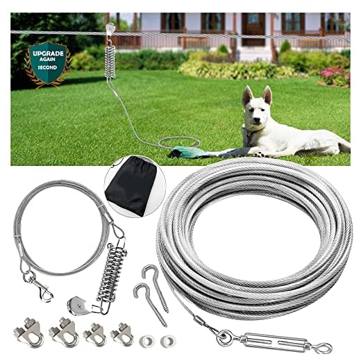 Highland Farms Select Dog Tie Out Aerial Run Trolley System - Heavy Duty 100ft Dog Aerial Run Cable with 10ft Pulley Runner Line Holds 75Lbs of Dogs for Yard Camping Outdoor