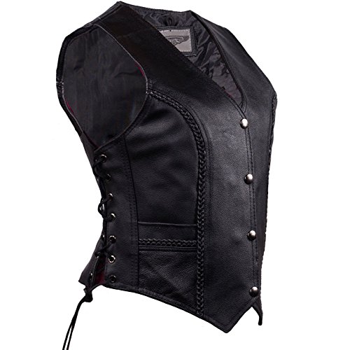 Women's Motorcycle Riding Leather Braided Vest Side Laces Gun Pocket INSIDEBLACK (Regular Regular 4XL Regular)