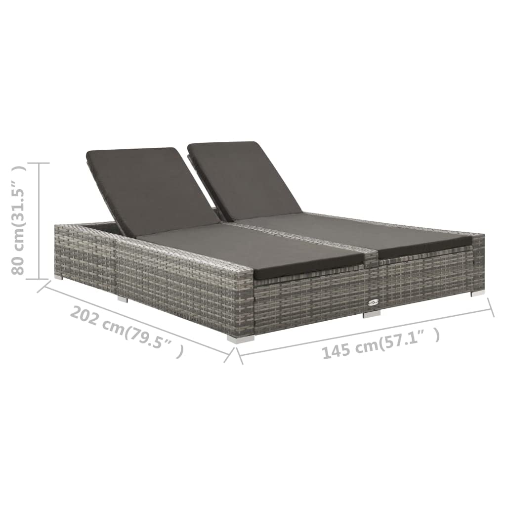 Lit double en polyrotin, gris, de jardin, de loisirs, convient pour jardin, terrasse, cour, côté piscine