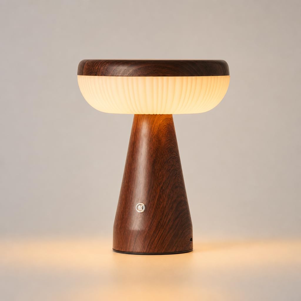 Retro Tischlampe Kabellos Batteriebetrieben Tischleuchte Holzoptik Acryl Lampenschirm Akku Pilzlampe 3 Helligkeitsmodi USB Aufladbare Dimmbarer Touch Schalter Leselampe LED für Esszimmer