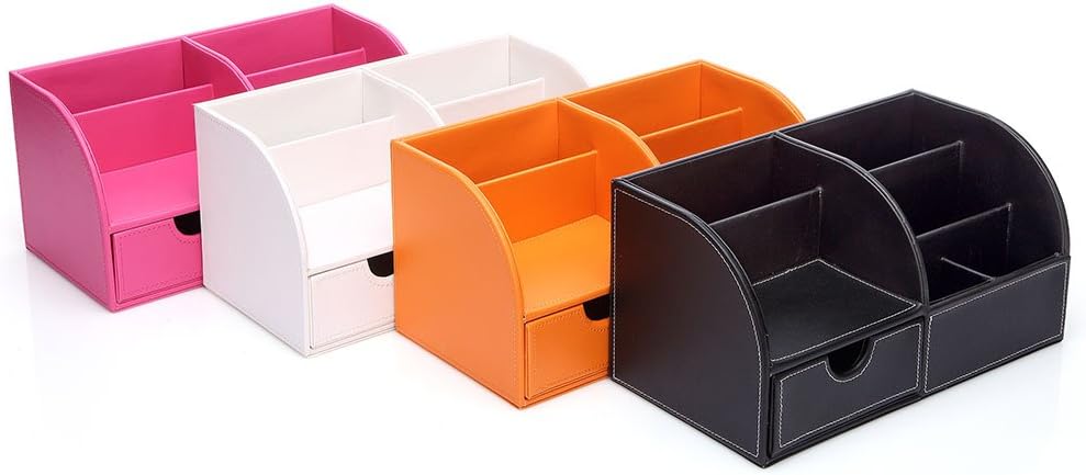 KINGFOM Pu Leather Desk Organizer Pen Pencil Holder Office Supplies Caddy Storage Box 6 Compartments with Drawer White (Full Pu Leather) : Office Products