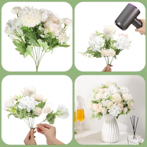 Tigeen 12 Bundles Peonies Artificial Flowers Artificial Peonies Silk Flowers Faux Peony Flowers Fake Peony Silk Hydrangea Bouquet for Wedding Table Centerpiece Floral Vase Decor (Champagne White)