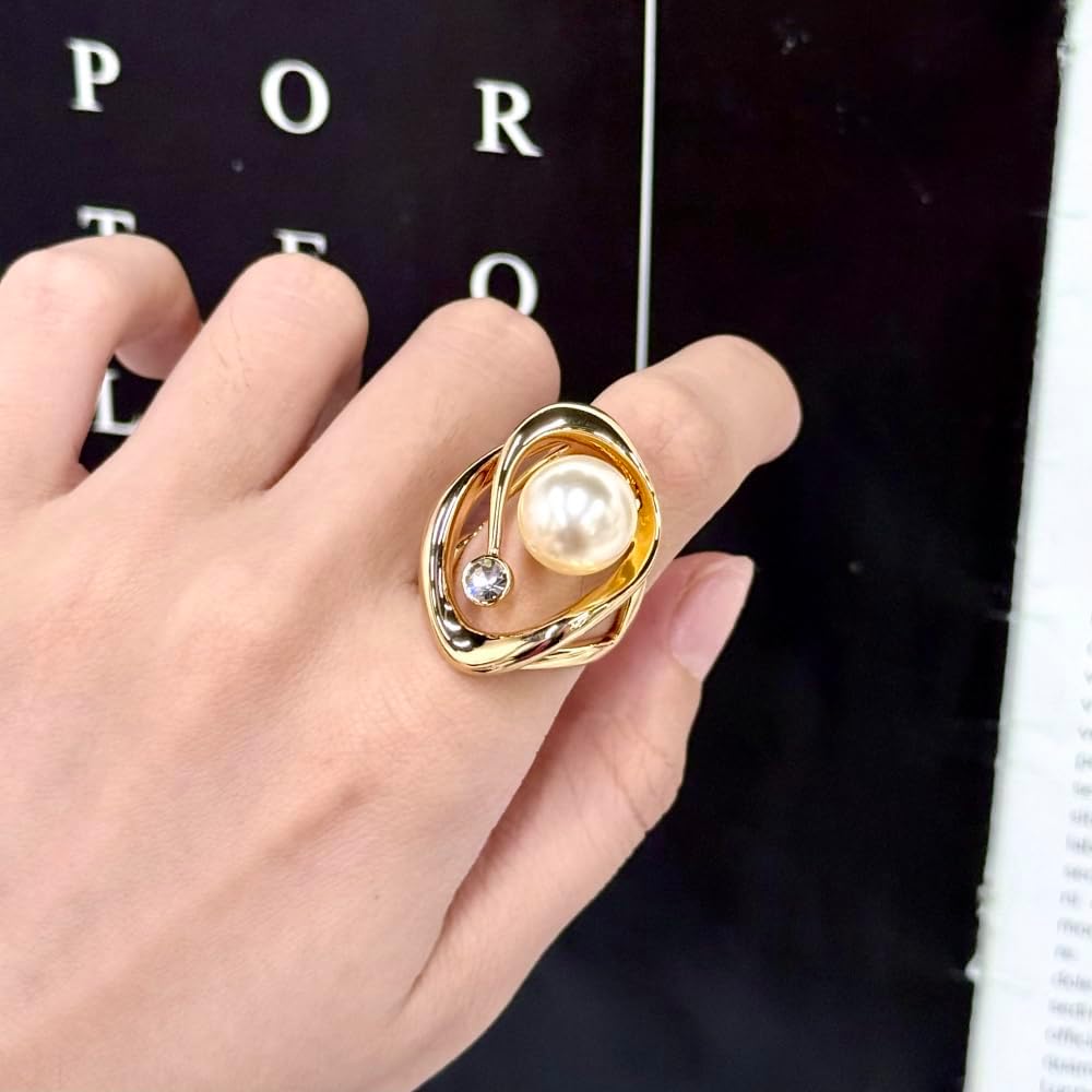 Kokoma Big Pearl Ring for Women Cubic Zirconia Hollow Oval Ring Adjustable Open Band Elegant Anniversary Engagement Wedding Fashion Finger Jewelry - Image 2