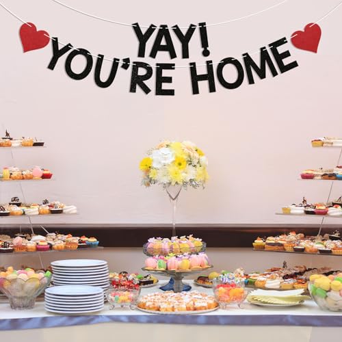 Image of Yay! You're Home! Banner - Welcome Back to Home Sign, Family Reunion Party Bunting Sign, Welcome Home Party Decorations Black Glitter